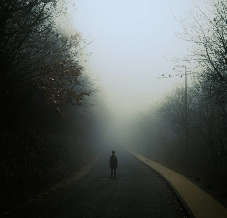 La paradoja humana: Paisaje minimalista envuelto en una niebla densa y blanca que desdibuja el horizonte, donde se ve la sombra de una figura humana, representa la dualidad entre lo eterno y lo mortal, ilustrando la orfandad de identidad y la esencia etérea del alma humana.