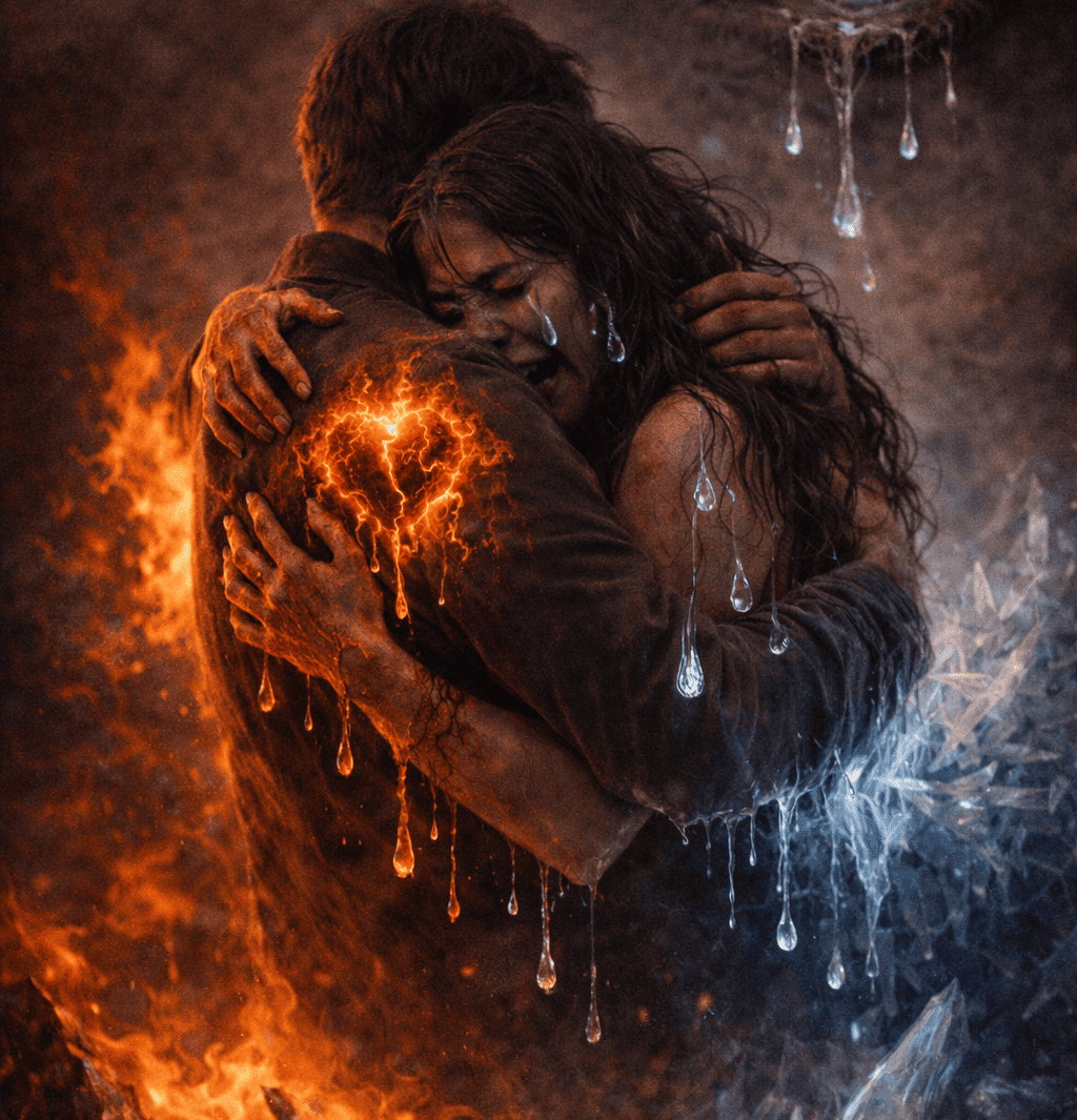 La quemadura del hielo: composición artística generada por IA que muestra a dos personas fundidas en un abrazo desesperado en medio de un paisaje de glaciares y grietas de hielo; el contraste entre la calidez del contacto humano y el entorno gélido simboliza la paradoja del amor que intenta derretir una soledad que quema como el fuego.