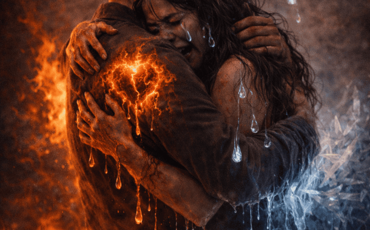 La quemadura del hielo: composición artística generada por IA que muestra a dos personas fundidas en un abrazo desesperado en medio de un paisaje de glaciares y grietas de hielo; el contraste entre la calidez del contacto humano y el entorno gélido simboliza la paradoja del amor que intenta derretir una soledad que quema como el fuego.