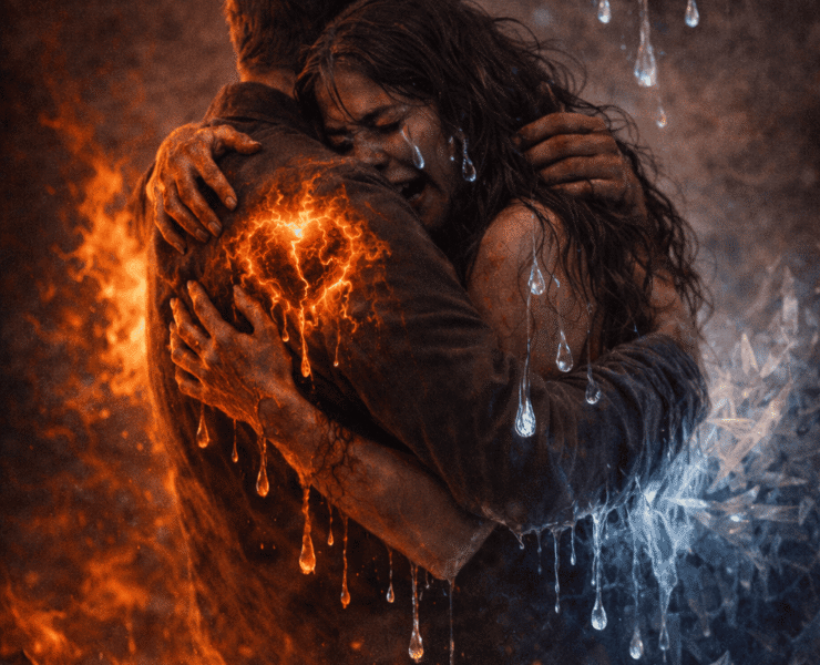 La quemadura del hielo: composición artística generada por IA que muestra a dos personas fundidas en un abrazo desesperado en medio de un paisaje de glaciares y grietas de hielo; el contraste entre la calidez del contacto humano y el entorno gélido simboliza la paradoja del amor que intenta derretir una soledad que quema como el fuego.