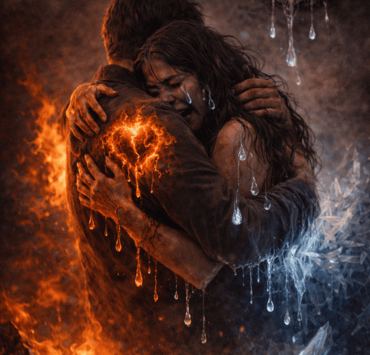 La quemadura del hielo: composición artística generada por IA que muestra a dos personas fundidas en un abrazo desesperado en medio de un paisaje de glaciares y grietas de hielo; el contraste entre la calidez del contacto humano y el entorno gélido simboliza la paradoja del amor que intenta derretir una soledad que quema como el fuego.