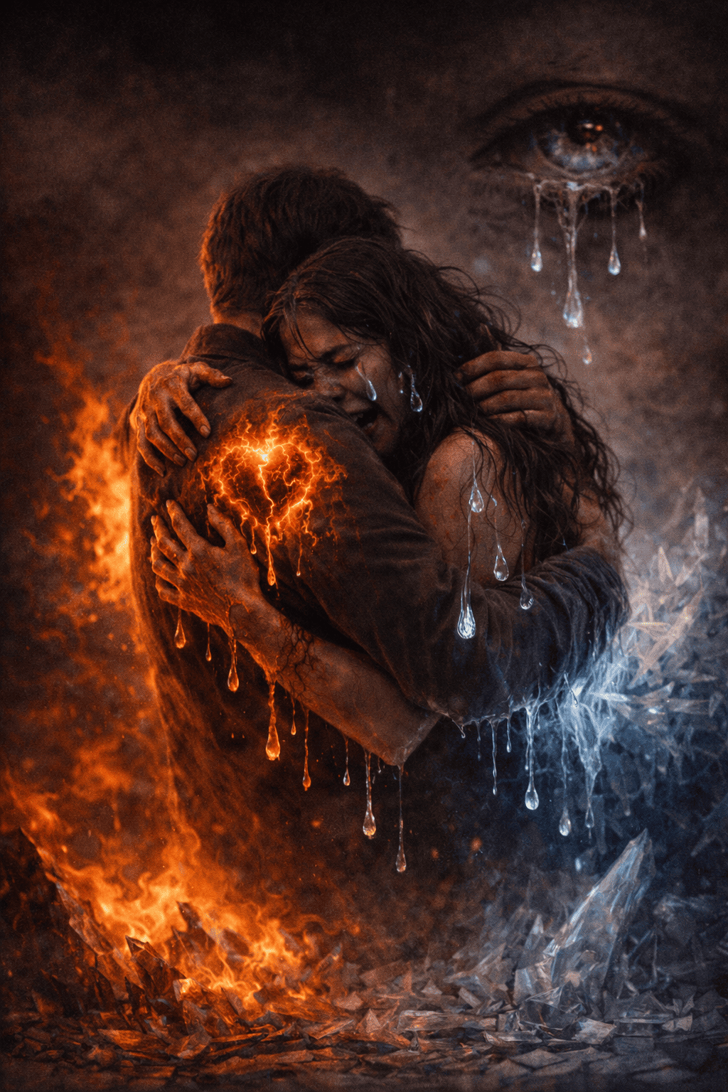 La quemadura del hielo: composición artística generada por IA que muestra a dos personas fundidas en un abrazo desesperado en medio de un paisaje de glaciares y grietas de hielo; el contraste entre la calidez del contacto humano y el entorno gélido simboliza la paradoja del amor que intenta derretir una soledad que quema como el fuego.