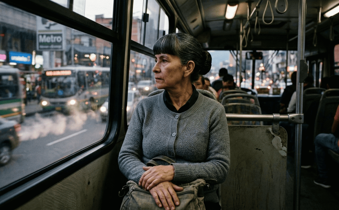 Emilsen en un bus de Medellín: Fotografía cinematográfica que presenta un retrato detallado de una mujer de 67 años con peinado geométrico y mirada profunda en un bus de Medellín; su postura rígida y botones alineados reflejan la lucha por mantener el orden personal frente al caos urbano y el transbordo infinito.