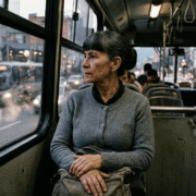 Emilsen en un bus de Medellín: Fotografía cinematográfica que presenta un retrato detallado de una mujer de 67 años con peinado geométrico y mirada profunda en un bus de Medellín; su postura rígida y botones alineados reflejan la lucha por mantener el orden personal frente al caos urbano y el transbordo infinito.