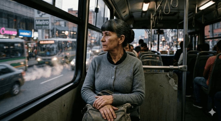 Emilsen en un bus de Medellín: Fotografía cinematográfica que presenta un retrato detallado de una mujer de 67 años con peinado geométrico y mirada profunda en un bus de Medellín; su postura rígida y botones alineados reflejan la lucha por mantener el orden personal frente al caos urbano y el transbordo infinito.