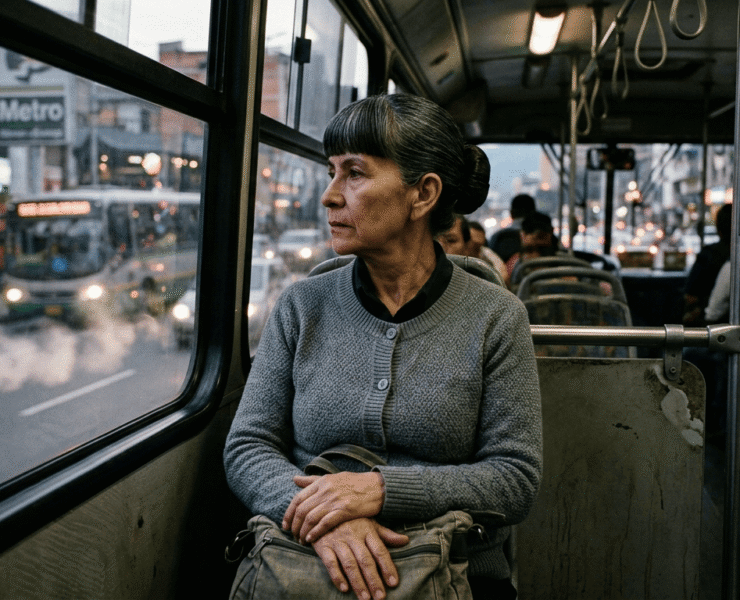 Emilsen en un bus de Medellín: Fotografía cinematográfica que presenta un retrato detallado de una mujer de 67 años con peinado geométrico y mirada profunda en un bus de Medellín; su postura rígida y botones alineados reflejan la lucha por mantener el orden personal frente al caos urbano y el transbordo infinito.