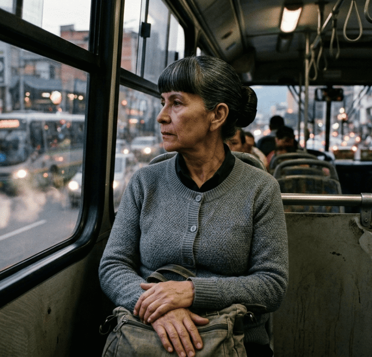 Emilsen en un bus de Medellín: Fotografía cinematográfica que presenta un retrato detallado de una mujer de 67 años con peinado geométrico y mirada profunda en un bus de Medellín; su postura rígida y botones alineados reflejan la lucha por mantener el orden personal frente al caos urbano y el transbordo infinito.
