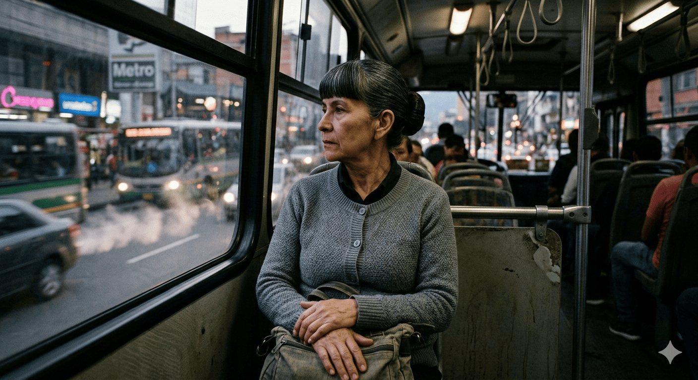 Emilsen en un bus de Medellín: Fotografía cinematográfica que presenta un retrato detallado de una mujer de 67 años con peinado geométrico y mirada profunda en un bus de Medellín; su postura rígida y botones alineados reflejan la lucha por mantener el orden personal frente al caos urbano y el transbordo infinito.