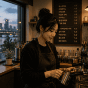 Retrato de perfil de una mujer joven asiática llamada mejiwoo, vistiendo delantal negro mientras prepara café con movimientos precisos en una cafetería de diseño minimalista. A través del gran ventanal a su izquierda, se observa el río y el horizonte de rascacielos iluminados de la ciudad de Incheon en Corea del Sur durante el atardecer.