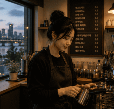 Retrato de perfil de una mujer joven asiática llamada mejiwoo, vistiendo delantal negro mientras prepara café con movimientos precisos en una cafetería de diseño minimalista. A través del gran ventanal a su izquierda, se observa el río y el horizonte de rascacielos iluminados de la ciudad de Incheon en Corea del Sur durante el atardecer.