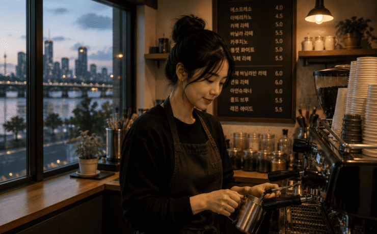 Retrato de perfil de una mujer joven asiática llamada mejiwoo, vistiendo delantal negro mientras prepara café con movimientos precisos en una cafetería de diseño minimalista. A través del gran ventanal a su izquierda, se observa el río y el horizonte de rascacielos iluminados de la ciudad de Incheon en Corea del Sur durante el atardecer.