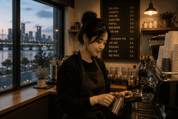Retrato de perfil de una mujer joven asiática llamada mejiwoo, vistiendo delantal negro mientras prepara café con movimientos precisos en una cafetería de diseño minimalista. A través del gran ventanal a su izquierda, se observa el río y el horizonte de rascacielos iluminados de la ciudad de Incheon en Corea del Sur durante el atardecer.