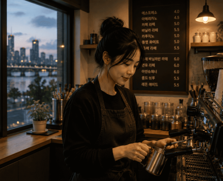 Retrato de perfil de una mujer joven asiática llamada mejiwoo, vistiendo delantal negro mientras prepara café con movimientos precisos en una cafetería de diseño minimalista. A través del gran ventanal a su izquierda, se observa el río y el horizonte de rascacielos iluminados de la ciudad de Incheon en Corea del Sur durante el atardecer.