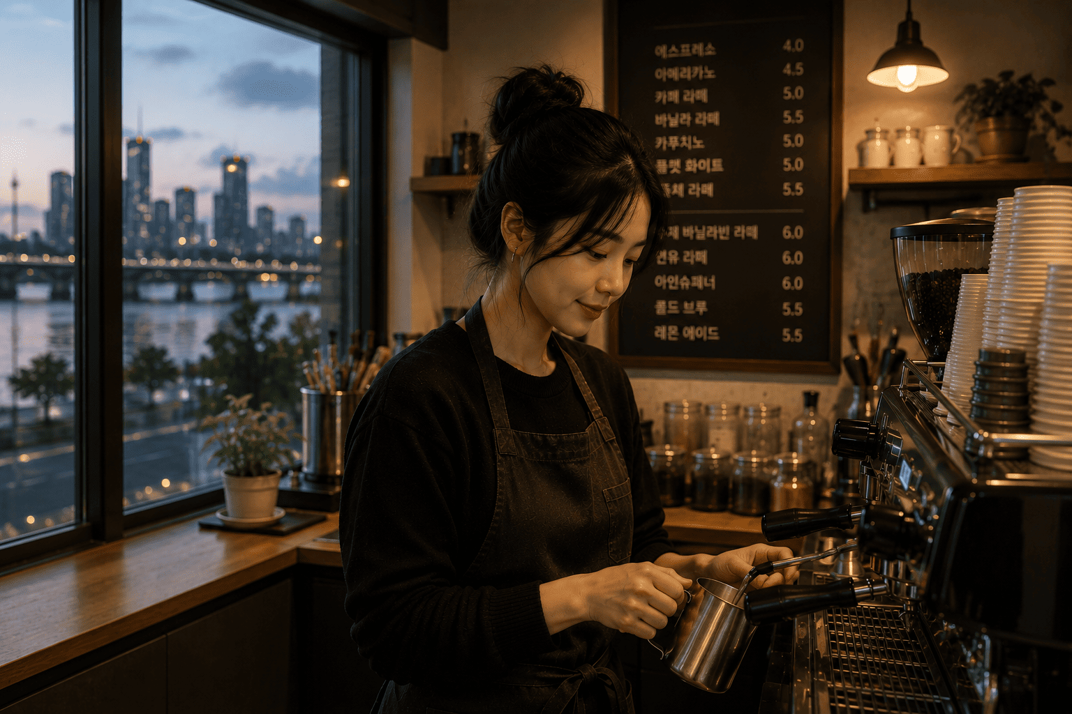 Retrato de perfil de una mujer joven asiática llamada mejiwoo, vistiendo delantal negro mientras prepara café con movimientos precisos en una cafetería de diseño minimalista. A través del gran ventanal a su izquierda, se observa el río y el horizonte de rascacielos iluminados de la ciudad de Incheon en Corea del Sur durante el atardecer.