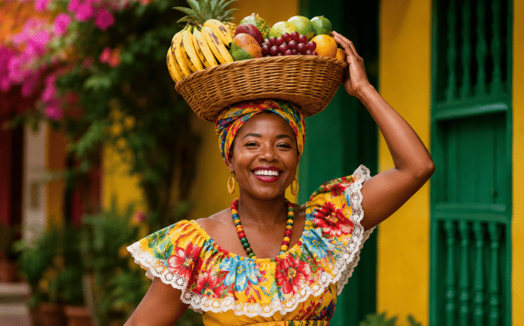 Retrato en primer plano de una mujer afrodescendiente con una sonrisa amplia, vistiendo un traje típico amarillo con flores rojas y encaje. Lleva un turbante colorido y un canasto de mimbre con frutas tropicales equilibrado sobre su cabeza. Al fondo, una pared amarilla y una ventana verde resaltan la vibrante estética afrodescendiente de la escena.