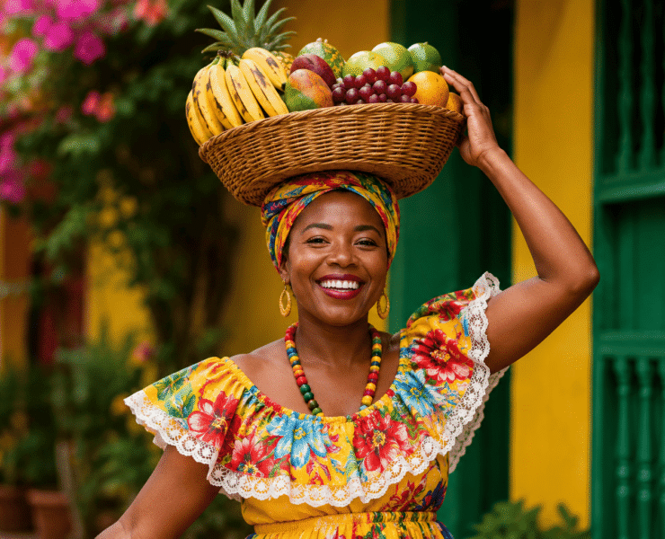 Retrato en primer plano de una mujer afrodescendiente con una sonrisa amplia, vistiendo un traje típico amarillo con flores rojas y encaje. Lleva un turbante colorido y un canasto de mimbre con frutas tropicales equilibrado sobre su cabeza. Al fondo, una pared amarilla y una ventana verde resaltan la vibrante estética afrodescendiente de la escena.