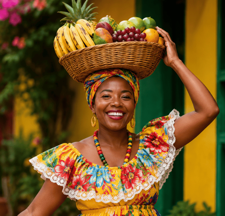 Retrato en primer plano de una mujer afrodescendiente con una sonrisa amplia, vistiendo un traje típico amarillo con flores rojas y encaje. Lleva un turbante colorido y un canasto de mimbre con frutas tropicales equilibrado sobre su cabeza. Al fondo, una pared amarilla y una ventana verde resaltan la vibrante estética afrodescendiente de la escena.