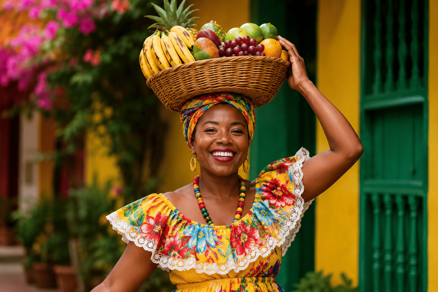 Retrato en primer plano de una mujer afrodescendiente con una sonrisa amplia, vistiendo un traje típico amarillo con flores rojas y encaje. Lleva un turbante colorido y un canasto de mimbre con frutas tropicales equilibrado sobre su cabeza. Al fondo, una pared amarilla y una ventana verde resaltan la vibrante estética afrodescendiente de la escena.