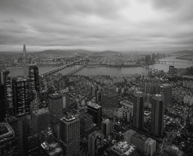 Fotografía panorámica aérea en blanco y negro de la ciudad de Seúl, Corea del Sur, dividida por el río Han y sus puentes. En primer plano se observa una densa acumulación de rascacielos y bloques de edificios bajo un cielo nublado, transmitiendo de forma visual el concepto de alienación social dentro de una megaurbe hiperproductiva.