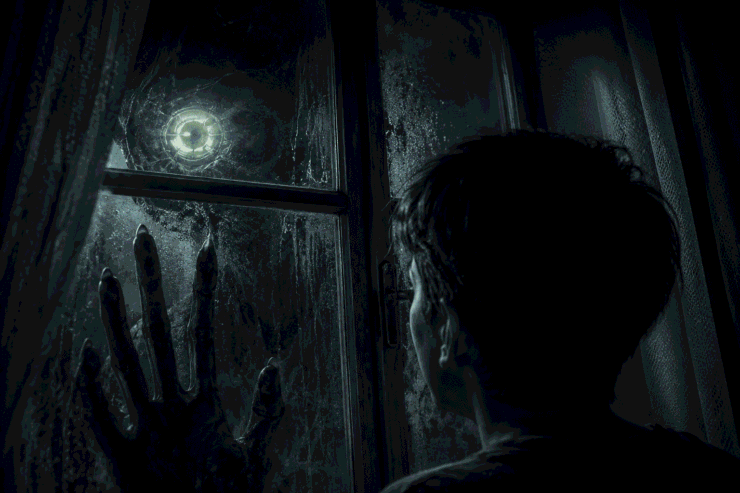 Ilustración digital en tonos oscuros y fríos de un joven de espaldas observando a través de una ventana. Al otro lado del cristal empañado, una criatura de dedos largos apoya su mano y clava la mirada de un ojo parietal brillante ubicado en su cráneo, capturando la atmósfera de este relato de ciencia ficcion oscura.