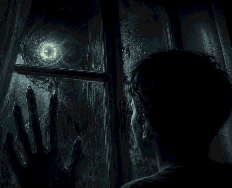 Ilustración digital en tonos oscuros y fríos de un joven de espaldas observando a través de una ventana. Al otro lado del cristal empañado, una criatura de dedos largos apoya su mano y clava la mirada de un ojo parietal brillante ubicado en su cráneo, capturando la atmósfera de este relato de ciencia ficcion oscura.