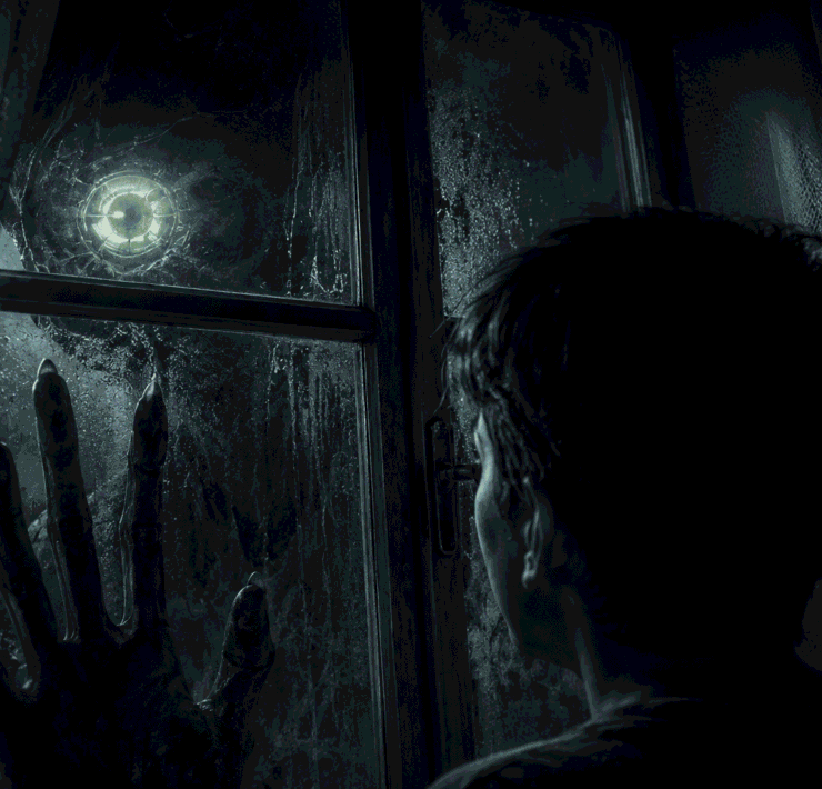 Ilustración digital en tonos oscuros y fríos de un joven de espaldas observando a través de una ventana. Al otro lado del cristal empañado, una criatura de dedos largos apoya su mano y clava la mirada de un ojo parietal brillante ubicado en su cráneo, capturando la atmósfera de este relato de ciencia ficcion oscura.