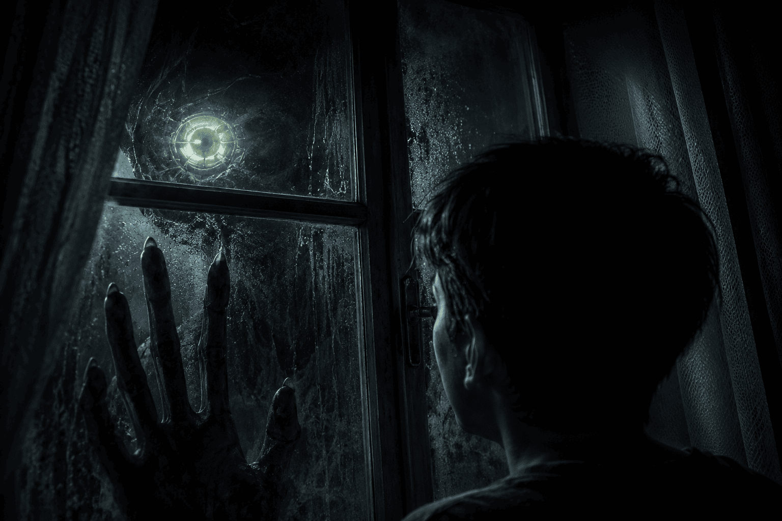 Ilustración digital en tonos oscuros y fríos de un joven de espaldas observando a través de una ventana. Al otro lado del cristal empañado, una criatura de dedos largos apoya su mano y clava la mirada de un ojo parietal brillante ubicado en su cráneo, capturando la atmósfera de este relato de ciencia ficcion oscura.