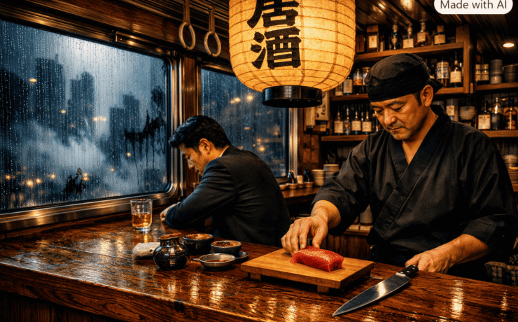 Fotografía en plano medio del interior de un vagón de tren transformado en barra de madera. A la derecha, un chef itamae con uniforme negro acomoda un corte de atún rojo sobre una tabla de madera junto a un cuchillo afilado. En el centro, un hombre en traje permanece sentado de perfil mirando hacia abajo. Un gran farol de papel iluminado cuelga sobre la barra y a la izquierda se aprecia una ventana cubierta de gotas de lluvia y niebla con siluetas de rascacielos al fondo, ilustrando un relato surrealista.