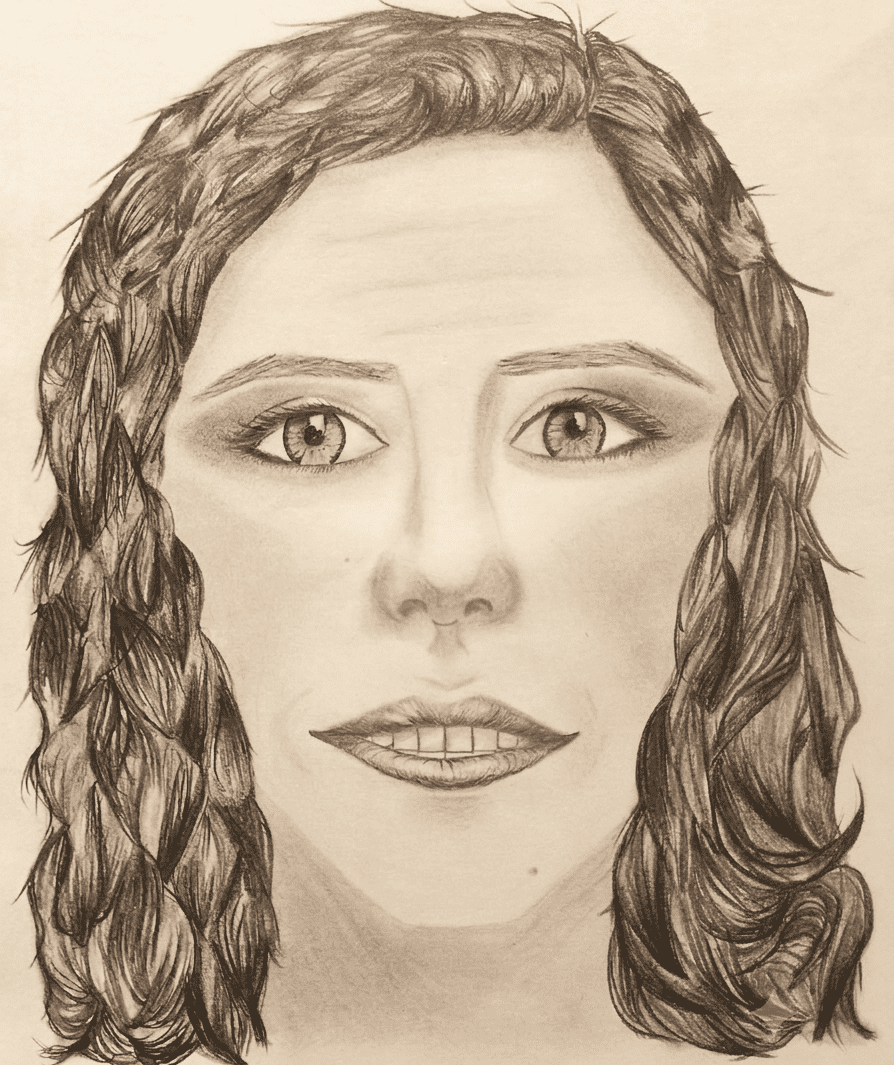 Ilustración realizada a lápiz en grafito sobre fondo blanco. Se presenta un retrato frontal en primer plano del rostro de una mujer de cabello oscuro, ondulado y peinado hacia atrás. Sus ojos abiertos miran fijamente al frente con una expresión intensa que transmite resolución frente al juicio social a la mujer, con trazos sombreados marcados en las cejas, la nariz y los labios.