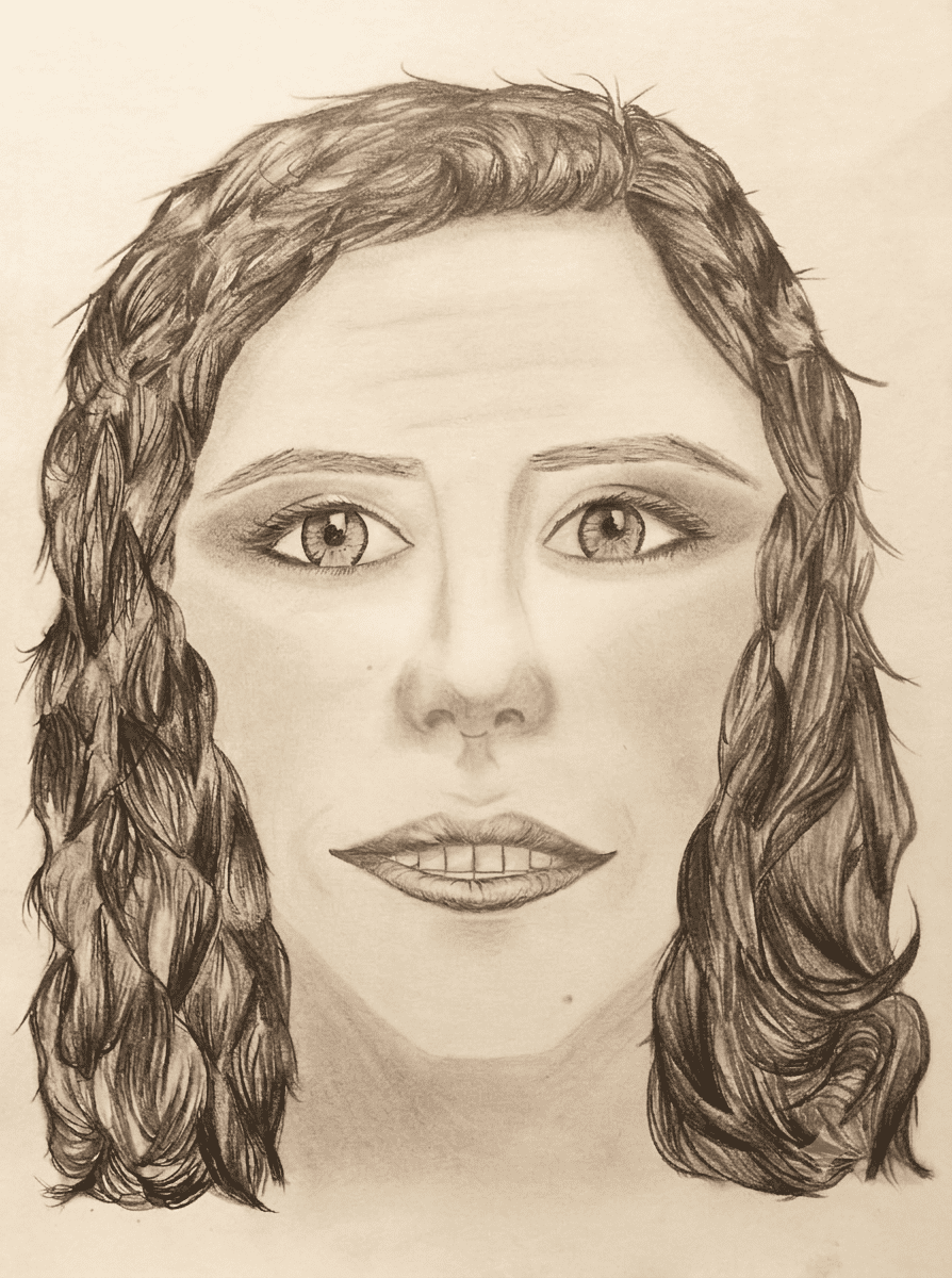 Ilustración realizada a lápiz en grafito sobre fondo blanco. Se presenta un retrato frontal en primer plano del rostro de una mujer de cabello oscuro, ondulado y peinado hacia atrás. Sus ojos abiertos miran fijamente al frente con una expresión intensa que transmite resolución frente al juicio social a la mujer, con trazos sombreados marcados en las cejas, la nariz y los labios.