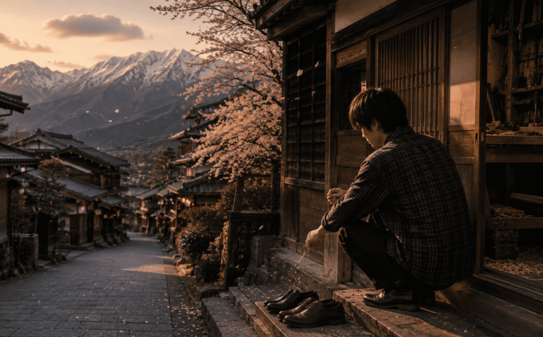 Fotografía de ambiente cálido al atardecer. Un hombre joven (Yuto) viste camisa a cuadros y se encuentra agachado de perfil en el escalón de madera de un taller tradicional japonés. Frente a él, en los escalones de piedra de una calle empinada, hay dos pares de zapatos alineados. A lo lejos se observa un cerezo en flor, tejados de arquitectura tradicional y las cimas nevadas de los Alpes Japoneses bajo una luz dorada.