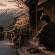 Fotografía de ambiente cálido al atardecer. Un hombre joven (Yuto) viste camisa a cuadros y se encuentra agachado de perfil en el escalón de madera de un taller tradicional japonés. Frente a él, en los escalones de piedra de una calle empinada, hay dos pares de zapatos alineados. A lo lejos se observa un cerezo en flor, tejados de arquitectura tradicional y las cimas nevadas de los Alpes Japoneses bajo una luz dorada.