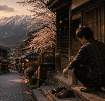 Fotografía de ambiente cálido al atardecer. Un hombre joven (Yuto) viste camisa a cuadros y se encuentra agachado de perfil en el escalón de madera de un taller tradicional japonés. Frente a él, en los escalones de piedra de una calle empinada, hay dos pares de zapatos alineados. A lo lejos se observa un cerezo en flor, tejados de arquitectura tradicional y las cimas nevadas de los Alpes Japoneses bajo una luz dorada.