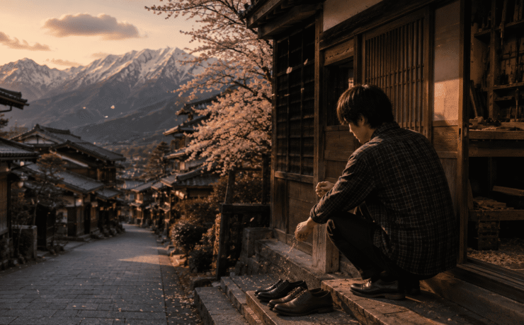 Fotografía de ambiente cálido al atardecer. Un hombre joven (Yuto) viste camisa a cuadros y se encuentra agachado de perfil en el escalón de madera de un taller tradicional japonés. Frente a él, en los escalones de piedra de una calle empinada, hay dos pares de zapatos alineados. A lo lejos se observa un cerezo en flor, tejados de arquitectura tradicional y las cimas nevadas de los Alpes Japoneses bajo una luz dorada.