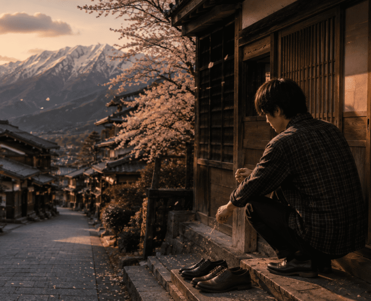 Fotografía de ambiente cálido al atardecer. Un hombre joven (Yuto) viste camisa a cuadros y se encuentra agachado de perfil en el escalón de madera de un taller tradicional japonés. Frente a él, en los escalones de piedra de una calle empinada, hay dos pares de zapatos alineados. A lo lejos se observa un cerezo en flor, tejados de arquitectura tradicional y las cimas nevadas de los Alpes Japoneses bajo una luz dorada.