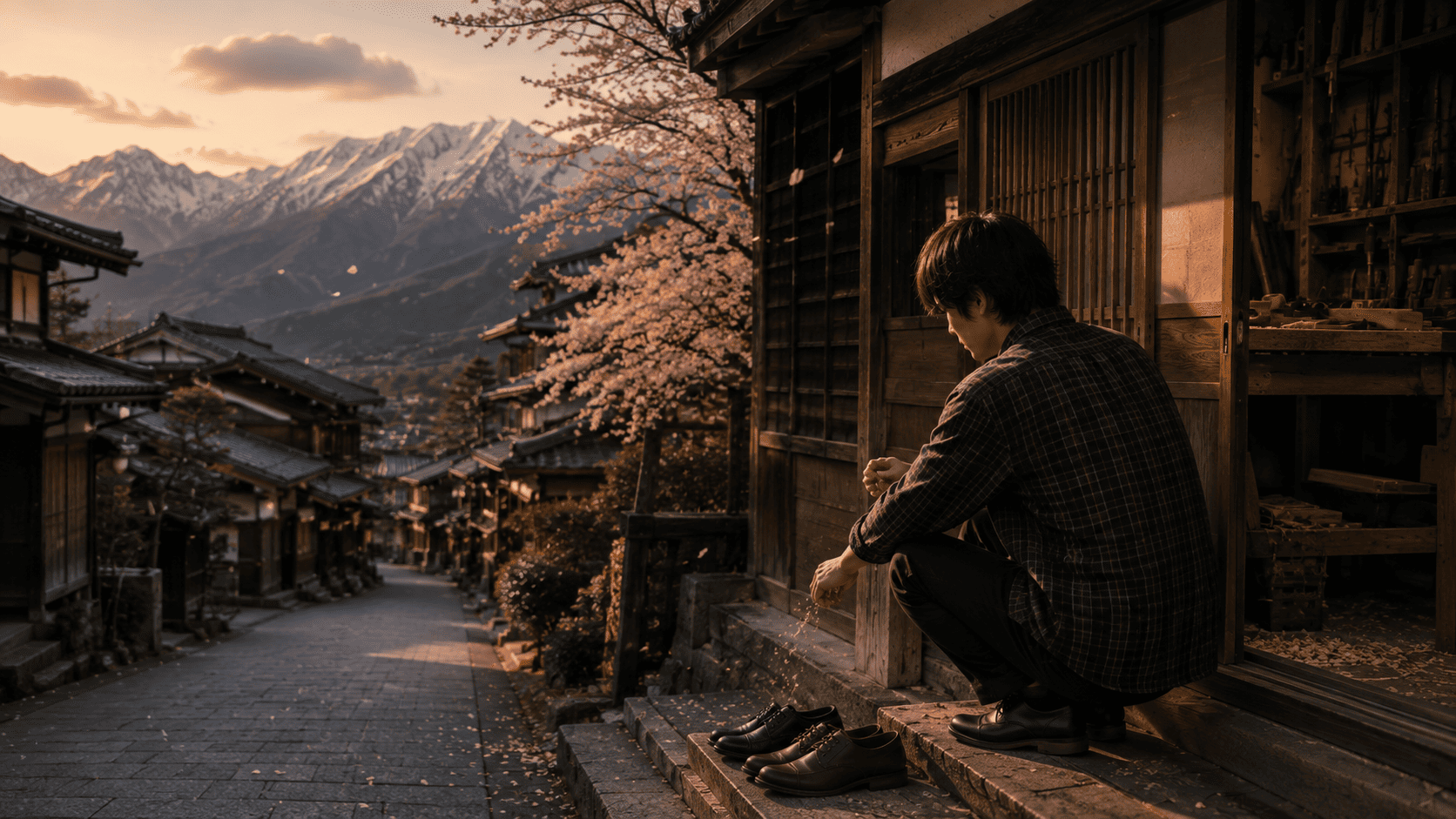 Fotografía de ambiente cálido al atardecer. Un hombre joven (Yuto) viste camisa a cuadros y se encuentra agachado de perfil en el escalón de madera de un taller tradicional japonés. Frente a él, en los escalones de piedra de una calle empinada, hay dos pares de zapatos alineados. A lo lejos se observa un cerezo en flor, tejados de arquitectura tradicional y las cimas nevadas de los Alpes Japoneses bajo una luz dorada.